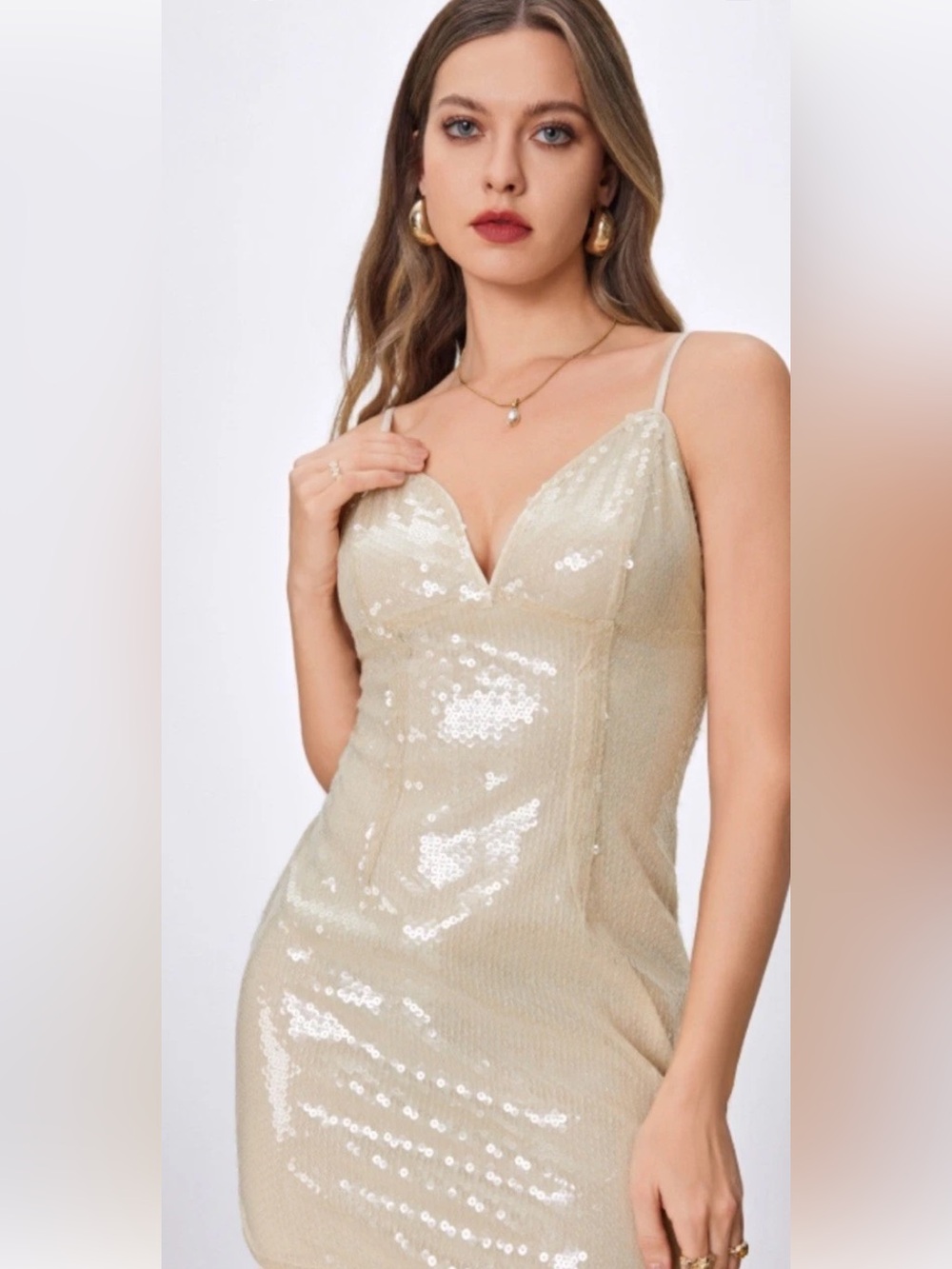 Cider Beige NWT size large beige spaghetti strap sequined polyester mini dress